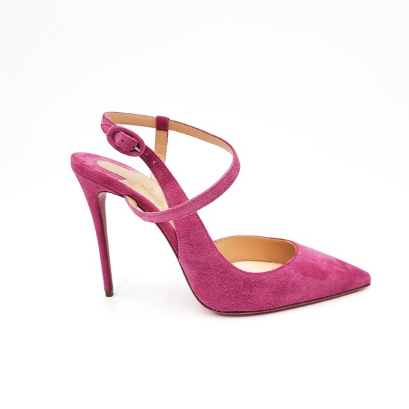 Christian Louboutin Pink Suede Slingback Cross Strap Buckle Pumps Heels EU 38 - Picture 2 of 8